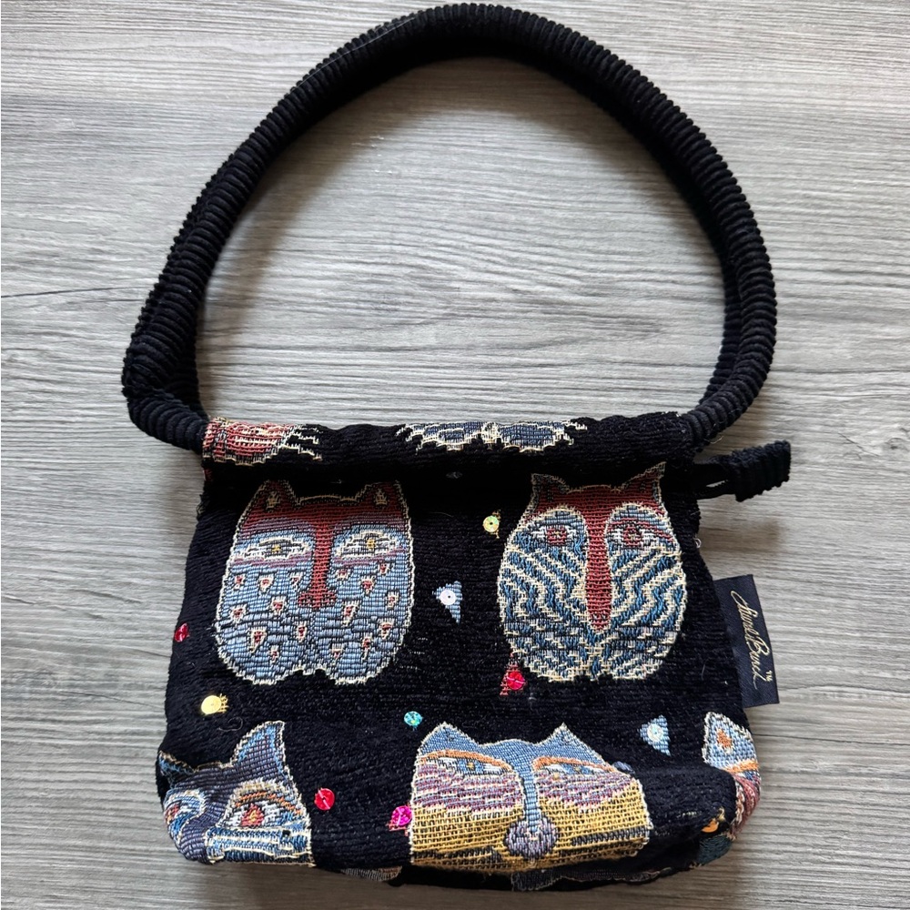 Laurel Burch Black Multicolor Kitty Cat Feline Caroet Bag Shoulder Purse Tote